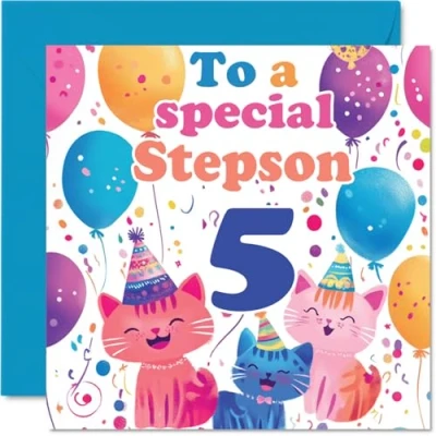 Image of 5th Step Son Birthday Card Cute Cats Special Happy for from Mum Dad, 145mm x Age 5 Five Greeting Cards