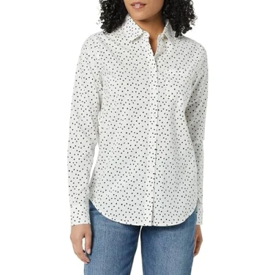 Image of Amazon Essentials Women&#039;s Classic Fit Long Sleeve Button Down Poplin Shirt, Black White Dots, L