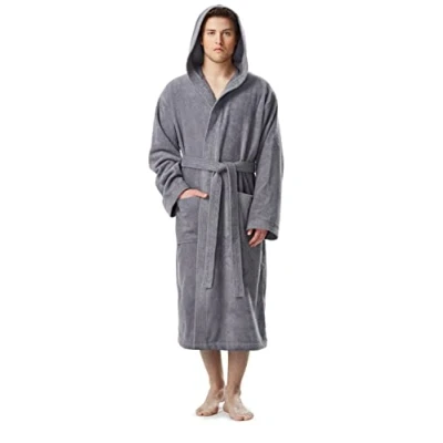 Image of Arus Men&#039;s bathrobe with hood, calf length, 100% cotton terry, man&#039;s size: L, unisex L XL, Grey