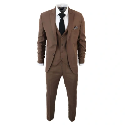 Image of TruClothing Mens IM1 Classic Plain Brown 3 Piece Suit Size 50 (Chest)