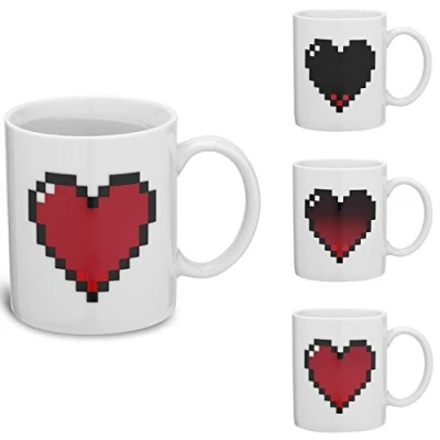 Image of Kikkerland Stoneware Thermographic Ink Pixel Heart Morphing Mug, White