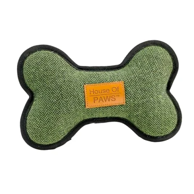 Image of House of Paws Green Tweed Bone Dog Toy Stylish Fabric with Brand Label