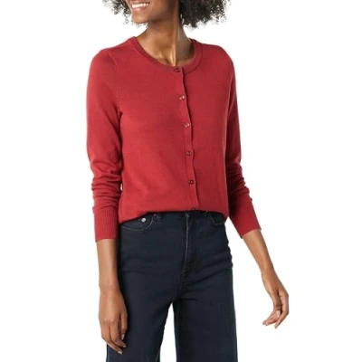 Image of Amazon Essentials Women&#039;s Lightweight Crewneck Cardigan Jumper (Available in Plus Size), Dark Red, S