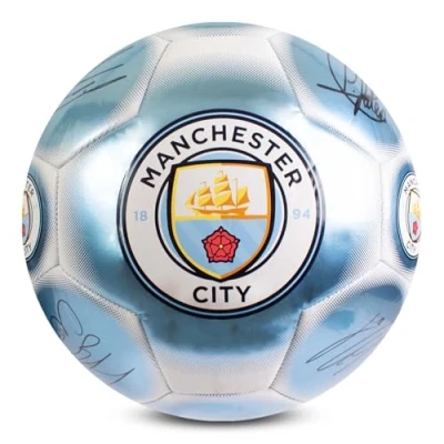 Image of Hy Pro Officially Licensed Classic Signature Football Metallic, Size 5, Man City, Training, Match, Merchandise, Collectible For Kids and Adults, Blue / White
