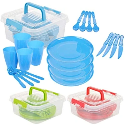 Image of 21 Piece Plastic Picnic Camping Party Dinner Plate Mug Cutlery Set Storage Box