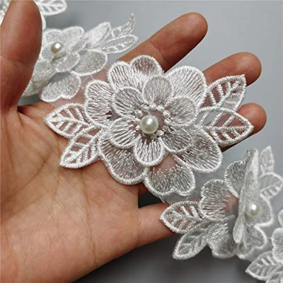 Image of 2 Yards White Flower Pearl Lace Edge Trim Ribbon 3.15&quot; Width Vintage Style Edging Trimmings Fabric Embroidered Applique Sewing Craft Wedding Dress Embellishment DIY Cards Hats Clothes Embroidery