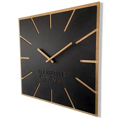 Image of FLEXISTYLE large wall clock for living room bedroom 60cm wooden cloak oak black silent non ticking