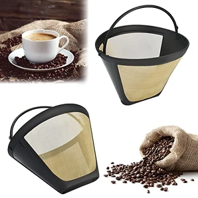 Image of STCRERAG 2 Pcs Coffee Filter Universal Permanent Filters Reusable Mesh Basket Cup Dripper Pour Over Gold Tone 8 to 10 Cups Size
