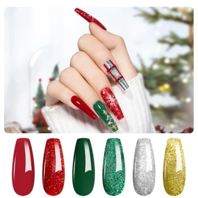 Image of MAYCHAO Christmas Gel Nail Polish Set, 6 Colors Green Glitter Gold Silver Red Kits Soak Off UV/LED Lamp Cured for Art Design Day Gifts Women