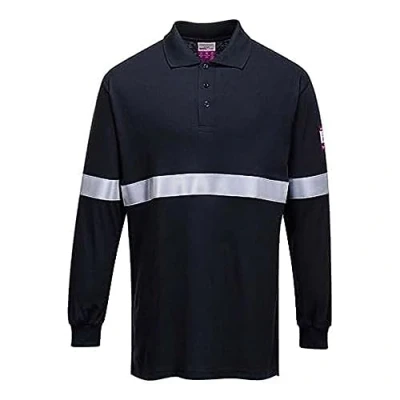 Image of Portwest Flame Resistant Anti Static Long Sleeve Polo Shirt with Reflective Tape Navy Large