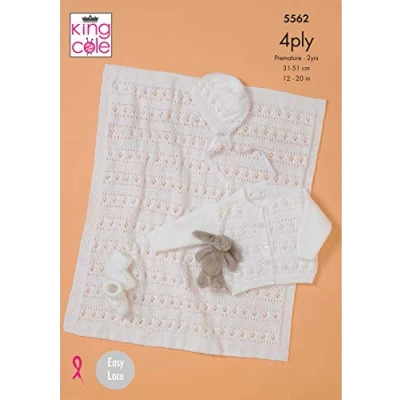 Image of King Cole 5562 Knitting Pattern Baby Cardigan Bonnet Bootees and Blanket in Big Value 4 Ply White