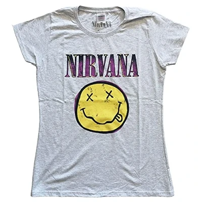 Image of Nirvana T Shirt Smiley Pink Band Logo Official Womens Skinny Fit Heather Grey XXL