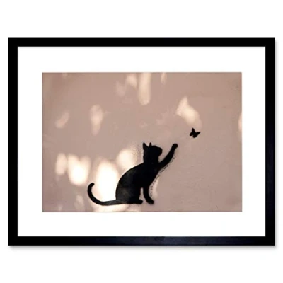 Image of Wee Blue Coo Cat Butterfly Silhouette Graffiti Art Picture Framed Wall Print