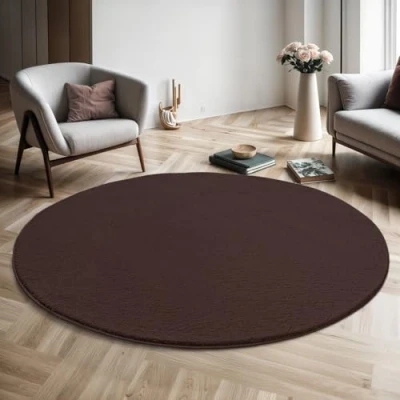 Image of the carpet Relax Modern Fluffy Short Pile Rug, Non Slip Underside, Washable up to 30 Degrees, Super Soft, Fur Look, Brown, 120 cm Round
