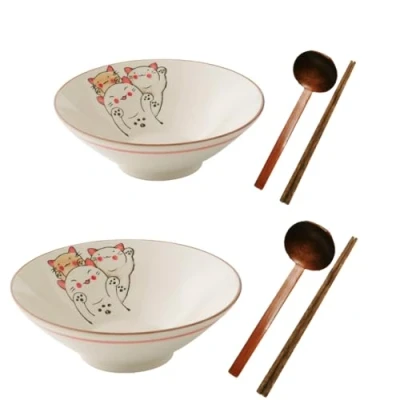 Image of Ceramic Japanese Ramen Bowl Noodles Bowls for Soup Pho Udon Soba Salad Snack Cereal Dishes with Spoons Chopsticks 900ml Gift Set (Fortune Cat)