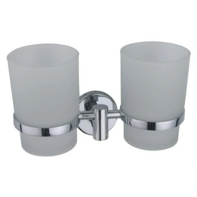Image of Clix Range Wall Mounted Double Glass Tumbler &amp; Holder in Polished Chrome by EUROART