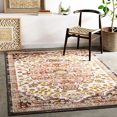 Image of Livabliss Bray Vintage Rug Area Rugs Living Room 200x274 cm, Dining Floor, Kitchen, Traditional Multicoloured Boho Rug, Easy Care Pile, Bohemian Large Brick Red and White