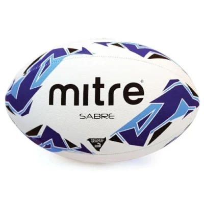 Image of Mitre Rugby Ball Extra Strong Lining Full Weight Hugely Popular, White/Blue/Cyan, 3