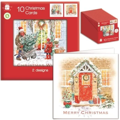 Image of Tom Smith Giftmaker Pack 10 Square Christmas Cards 2 Festive Decorated Front Door Designs 14cm