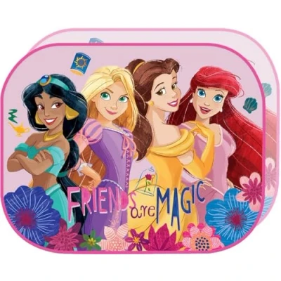 Image of Disney Princess Girls Pair of Car Sun Shade Side Curtains 44 x 35 cm with Jasmine Rapunzel Belle Ariel Graphics on Pink Background