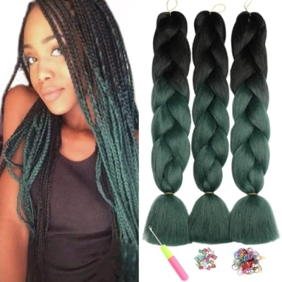 Image of ShowJarlly Box Braid Hair Extensions, 24inch Black/Blackish Green/Dark Green ​Ombre Jumbo Hair, 3Packs Synthetic Braiding Extension Afro Extensions for Crochet Twist Braids