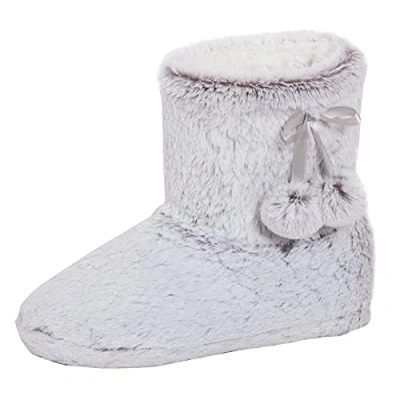 Image of Womens Faux Fur Slipper Boots Ladies Memory Foam Plush Grey Bootie Slippers M/UK 5 6