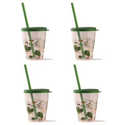Image of Snips Set of 4 Plastic Cups with Lids and Straws, Dinosaur Decoration 385 ml Cup Straw lid, Made in Italy Tumbler Cups, 0% BPA Phthalate Free