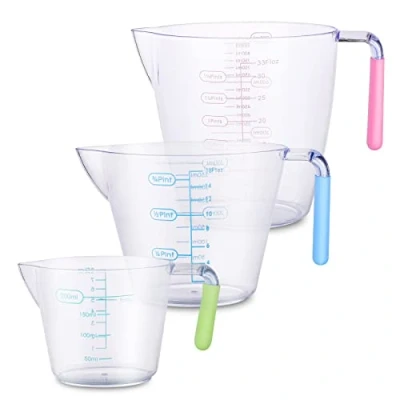 Image of 3Pack Plastic Measuring Jugs 1 Litre, Cups Jug for Baking, Jam Maker, Rice Measuring, Pouring jug, Accurate Scale 200ml/400ml/900ml