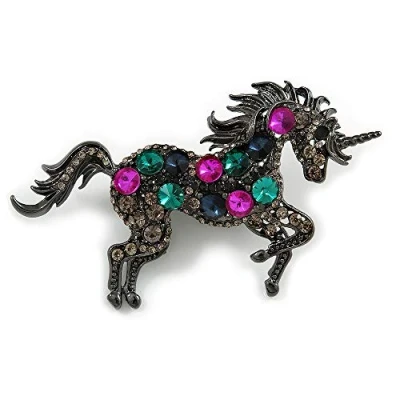 Image of Avalaya Multicoloured Crystal Unicorn Brooch in Black Tone Metal 8cm Across