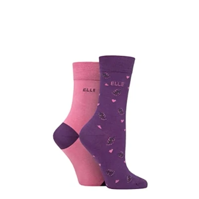 Image of Elle Ladies Bamboo Patterned and Plain Socks Pack of 2 Wild Rose 4 8