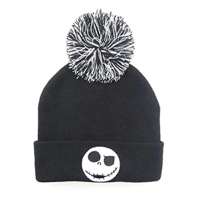 Image of Heroes Inc. Nightmare Before Christmas Beanie Pom Jack Face Badge Cap, Black, One Size