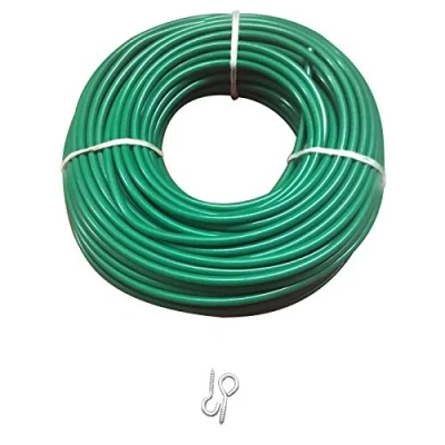 Image of picturehangingdirect.co.uk Green Net Curtain Wire Voile rope rod Including 6 Hooks eyes 1Mtr 30Mtr Length (Green + (Silver 6Hooks+6Eyes), 5 meter wire)