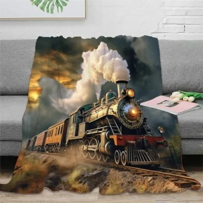 Image of Train Microfiber Printed Flannel Throw Blanket 3D Design Bed Soft Warm Sport Bedding for Couch Kids Teens Adults 50x60inch(127x152cm)