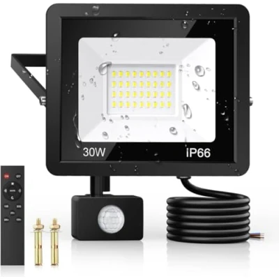 Image of 30W Security Lights Outdoor Motion Sensor, PIR Flood Light with Remote Control, IP66 Waterproof, 36 LEDs, Cool White, 6500K, 2700LM, Mains Powered for Garden Corridor Entrance Backyard