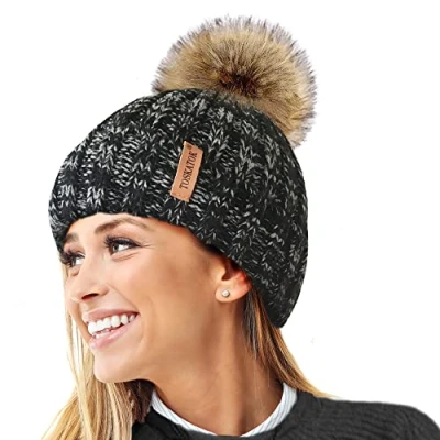 Image of TOSKATOK®Womens Warm Winter Hat Woolly Knitted Beanie with Detachable Chunky Faux Fur Bobble Pom BLK/Grey Mix