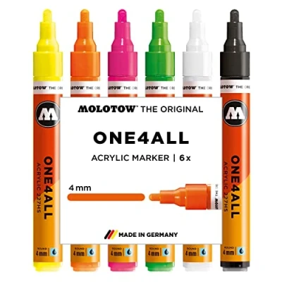 Image of Molotow One4All 227HS Acrylic Pens, High Opacity and Permanent, UV Resistant for Almost All Surfaces Neon case set. 6 Pieces Multicoloured