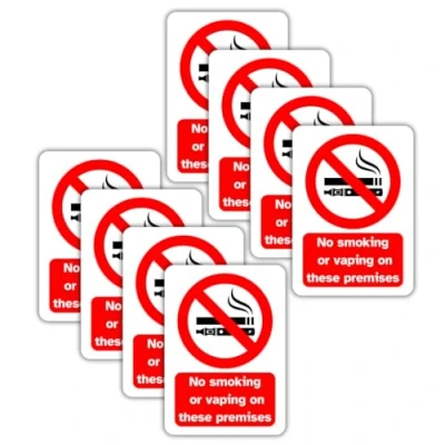 Image of No Smoking or Vaping Vinyl Signs, 75mm x 100mm, Self Adhesive Stickers, Waterproof, Indoor/Outdoor Use, Safety Warning Sign, C&amp;J Goods (No on These Premises, 8 Pack)