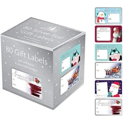 Image of SKYTE® 80 Silver Foil Adhesive Label Christmas Gift Labels with 6 Different Designs Traditional &amp; Assortted XA0115