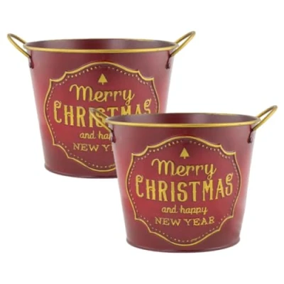 Image of Fyne Finds Set of 2 Round Metal Christmas Red Plant Pot 15cm, 6inch Tin Pail Planter Gold Indoor Xmas Decor