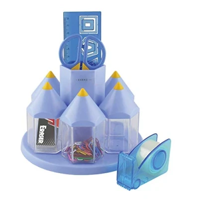 Image of EXERZ Rotary Desk Organiser Pen Tidy Set with 5 Accessory Boxes Multi colors filled Safety Scissors (NOT Sharp), Ruler, Tape Dispenser, Eraser, Clips (Blue)