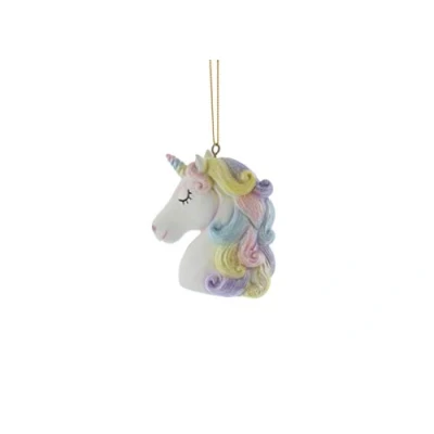 Image of Festive Unicorn Head 8.5 Centimeter Hanging Tree Decoration in White with Rainbow Mane