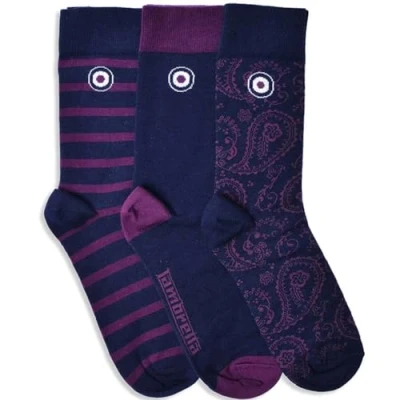Image of Lambretta Mens 3 Pair Pack of Retro Socks (Navy/Grape)