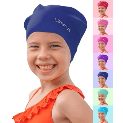 Image of Limmys Kids Long Hair Swimming Cap 100% Silicone Swim Caps for Boys and Girls Premium Quality, Stretchable Comfortable Hats Available in Different Attractive Colours (Blue)