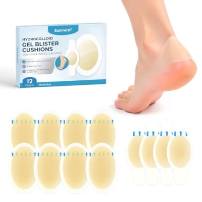 Image of Sumiwish Hydrocolloid Blister Bandages for Feet Extra Cushioning Foot Ideal Prevention &amp; Recovery Water Resistant (12 Count,Toe&amp;Heel Pack)