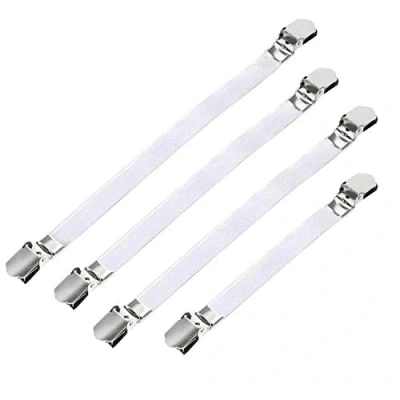 Image of TRIXES 4 Pc White Ironing Board Clip Covers Holds Cover Flat In Place Fits Most Boards, Medium/Large Elastic Straps Elasticated Corner Grip Suspender Bedsheet Clips