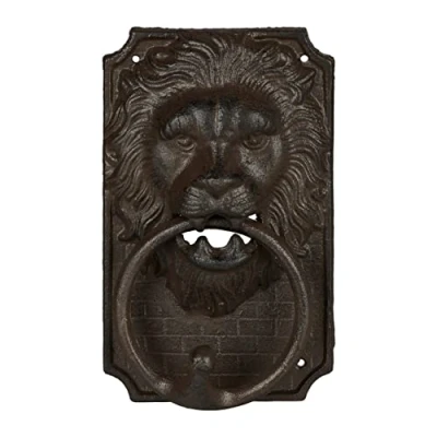 Image of Relaxdays Door Knocker Lion, Cast Iron, Vintage Bell, HxWxD: 19.5 x 12 6 cm, Animal Head Design, Decorative, Brown, 100%