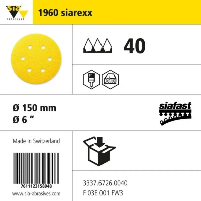 Image of sia Abrasives 3337.6726.0040 Series 1960 siarexx siafast 6 Holes Disc Paper, 40 Grit, 150mm Diameter, Pack of 50