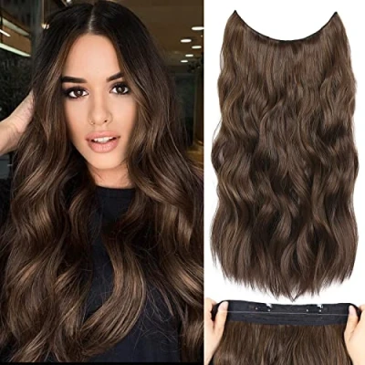 Image of Invisible Wire Hair Extensions with Adjustable Transparent Wire, Secret 2 Secure Clips, 20 Inch Synthetic Long Pieces for Women (Color: Dark Brown Mixed Chestnut Brown)