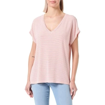 Image of ONLY Women&#039;s Onltine S/S V Neck top JRS T Shirt, Rose of Sharon/Stripes: Cloud Dancer, M