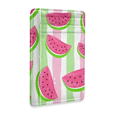 Image of Linomo Thin Leather Card Holder and Money Clip Watermelon Stripe Wallet RFID Blocking for Men &amp; Women